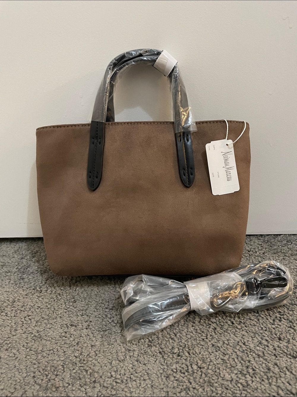 Neutral Brown Suede Tote with Black Handles -